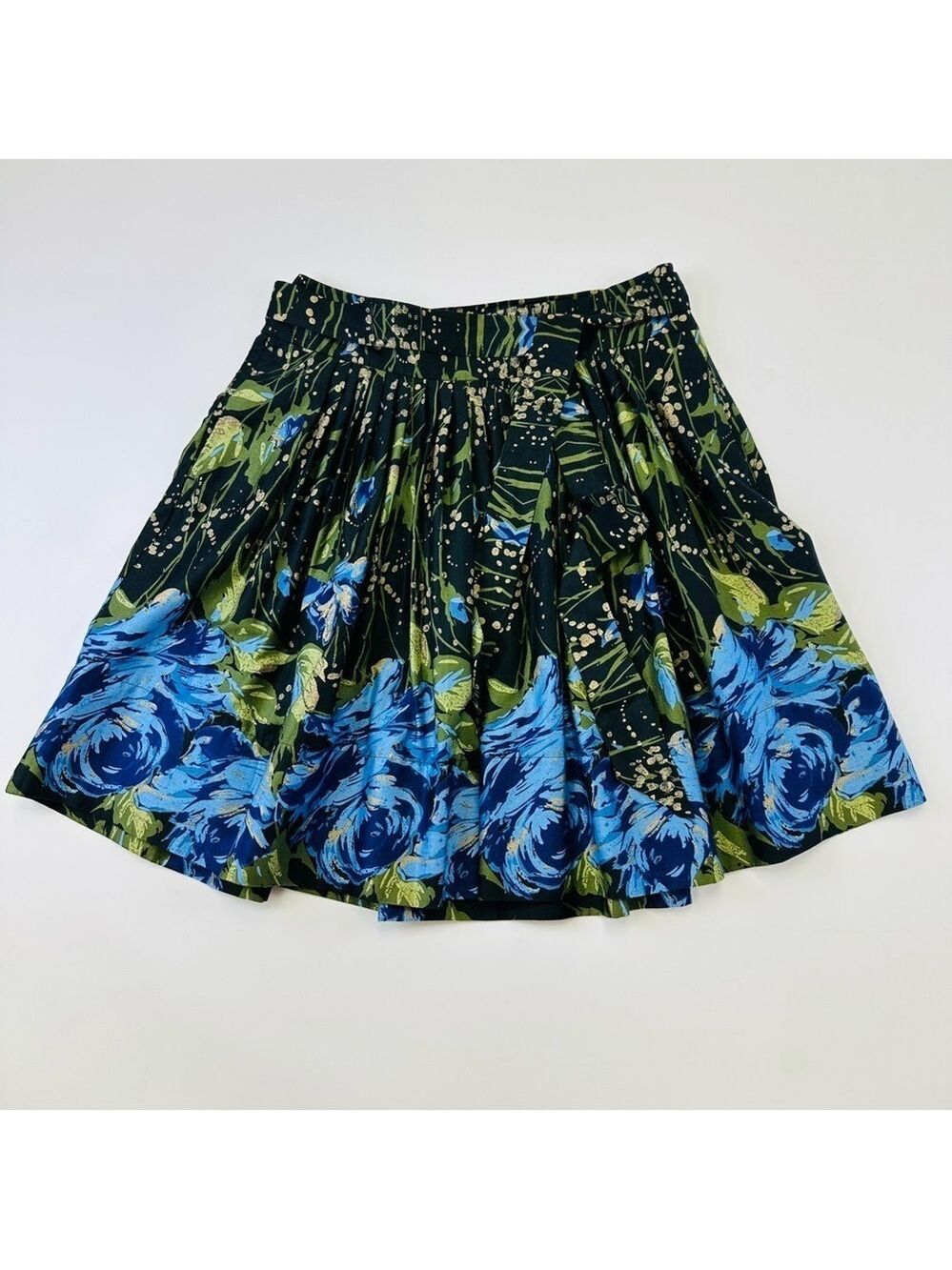 Ann Taylor LOFT black blue print full Aline floral belted circle skirt Size 8